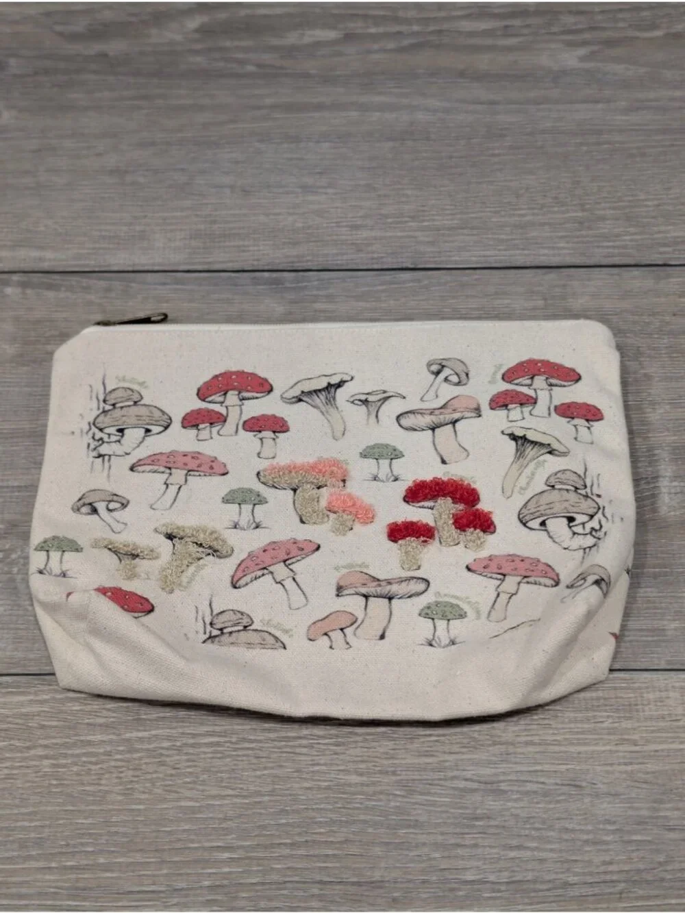 Canvas  Cosmetic Makeup Bag Vintage Botanical Mushroom Print Embroidered Detail
